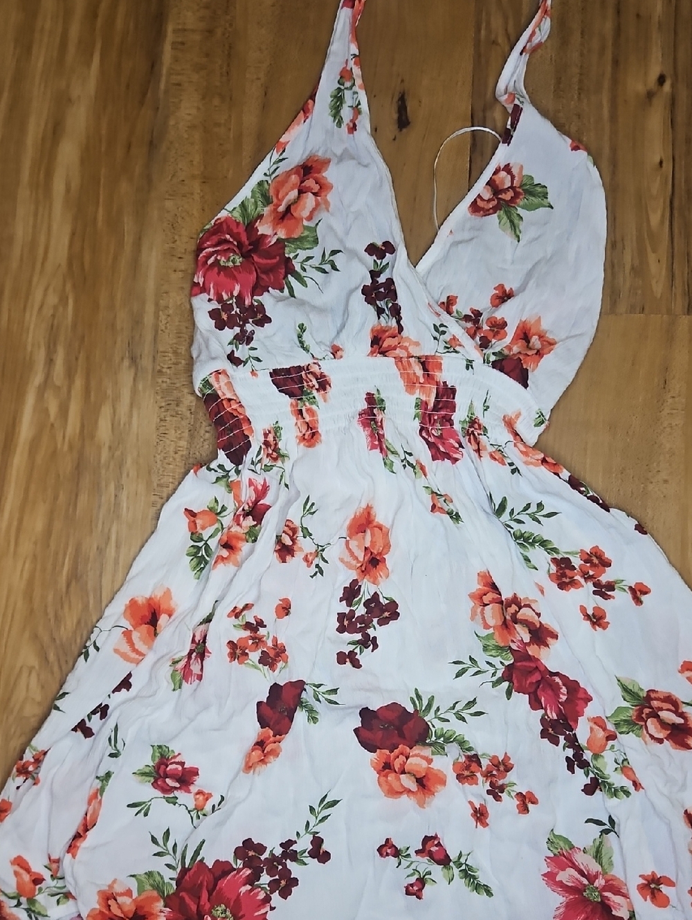 Ambiance White Strapless Floral Midi Dress with Coral and Red Blooms